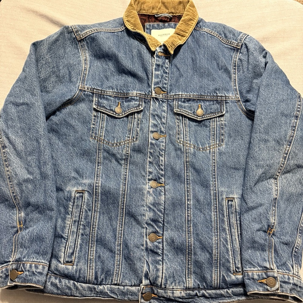 Pull&Bear Mens L Denim Trucker Jacket Corduroy Collar Blanket Lined Blue